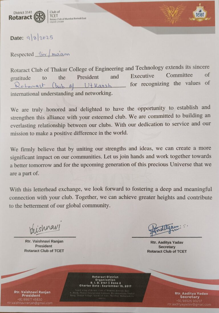 Letterhead Exchange with Thakur College of Engineering and Technology, RID 3141